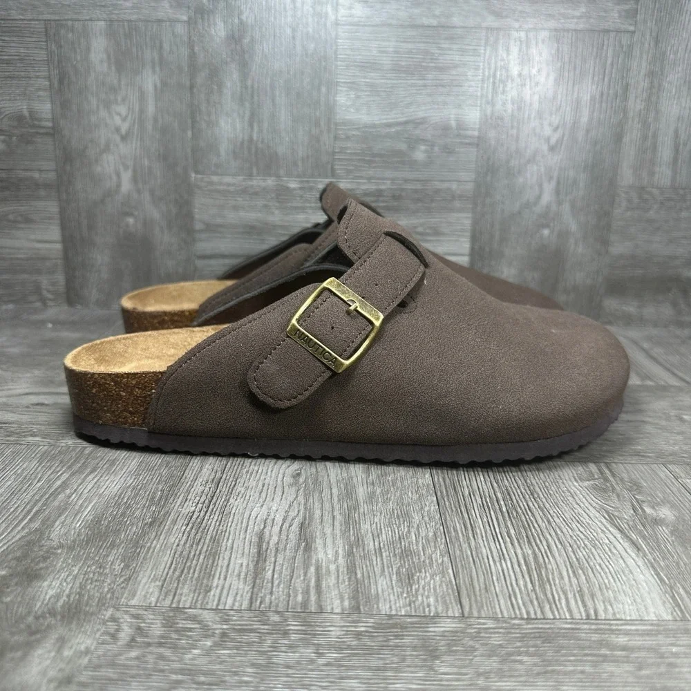 Nautica Clogs Women's 8.5 Brown Faux Suede Buckle Slip On Casual Comfort NEW